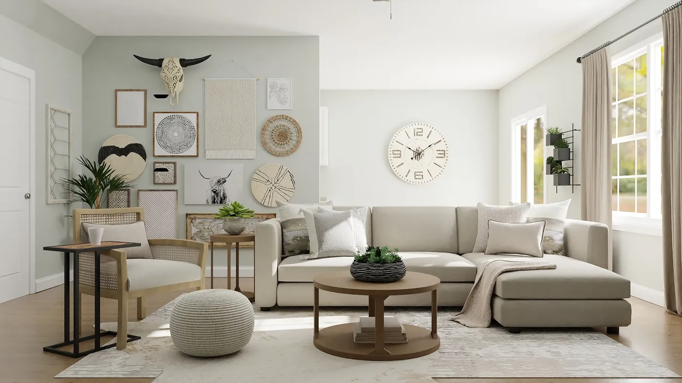 The living room after the refresh, in warm creams with layered textures