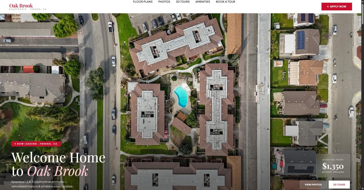 Oak Brook Apartments leasing site — aerial hero photo of the complex with the headline 'Welcome Home to Oak Brook'