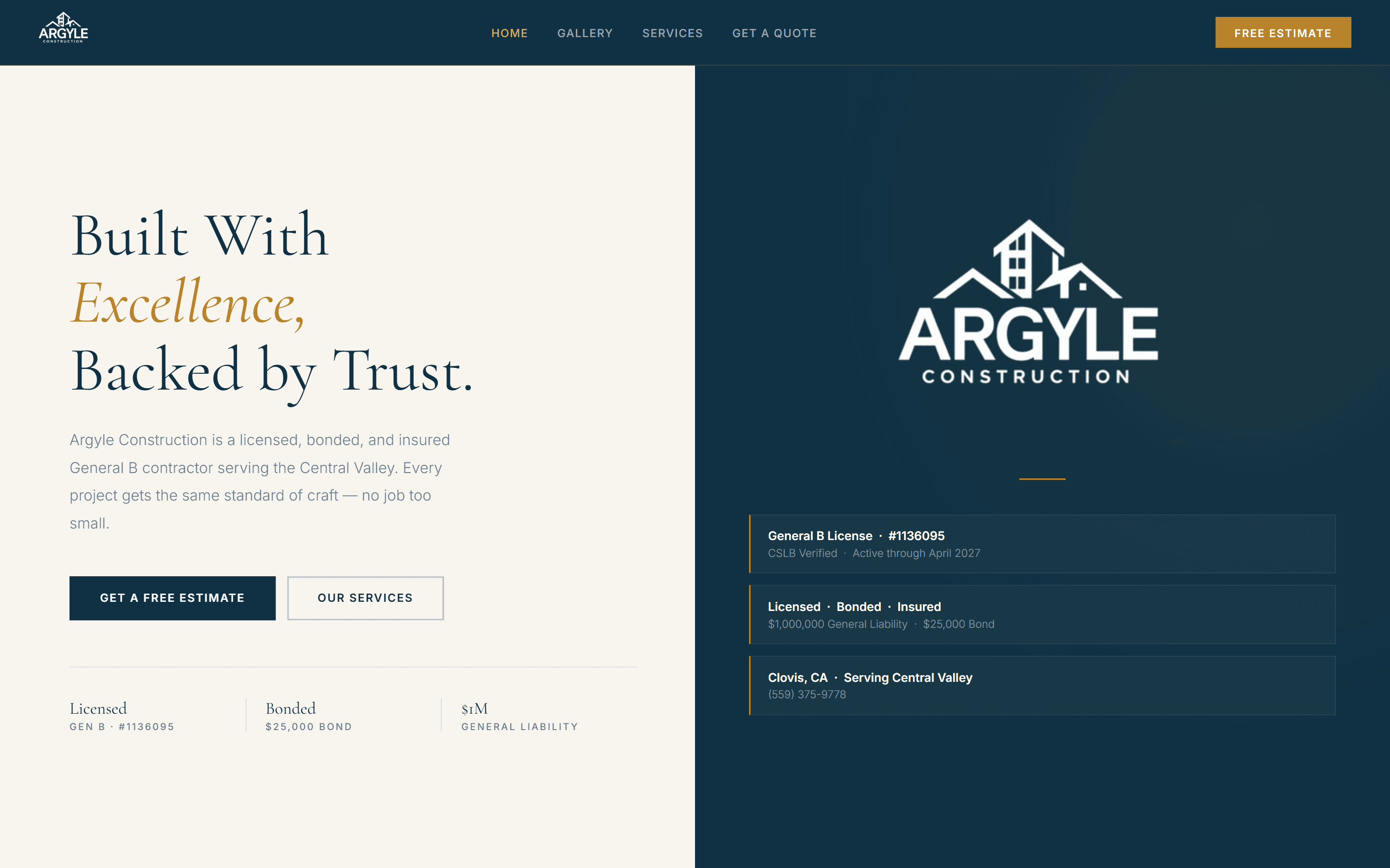 Argyle Construction homepage — navy split-screen editorial layout with the headline 'Built With Excellence, Backed by Trust'