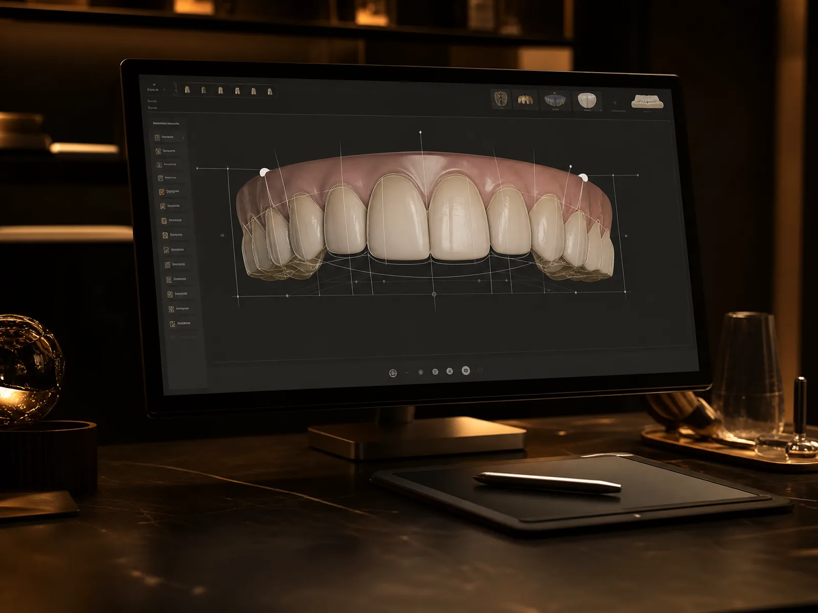 A digital smile design rendered on a monitor in a dim studio