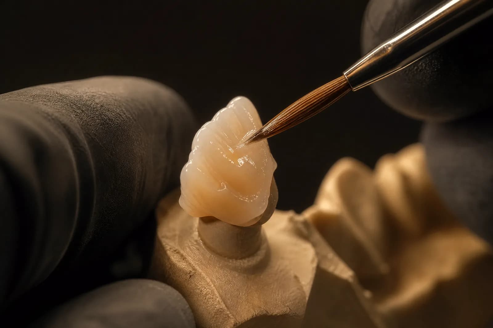 A ceramist's fine brush layering porcelain onto a tooth restoration