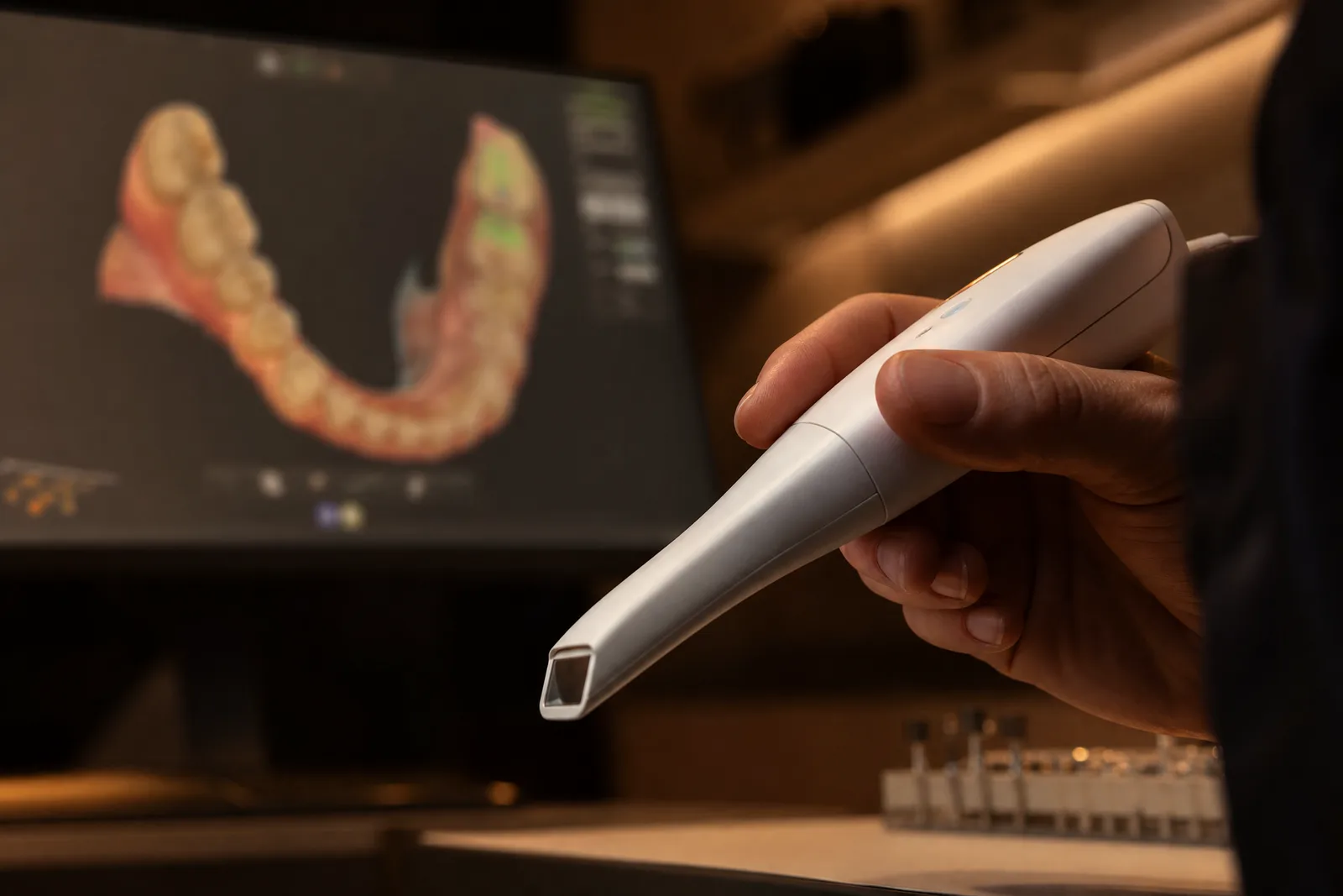 An intraoral scanner wand held in hand, a 3D scan glowing on a monitor behind