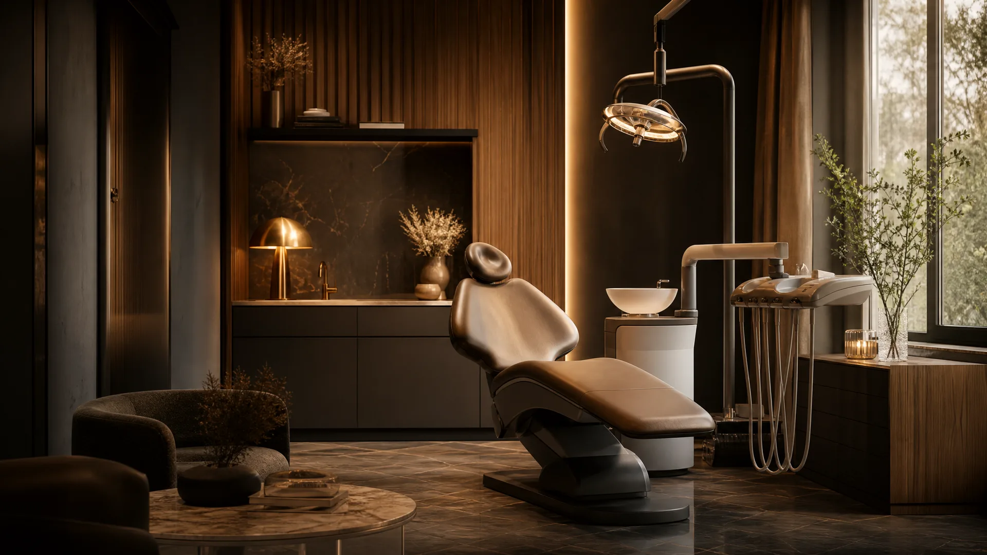 The Atelier studio: warm oak, charcoal, and soft light, more gallery than clinic