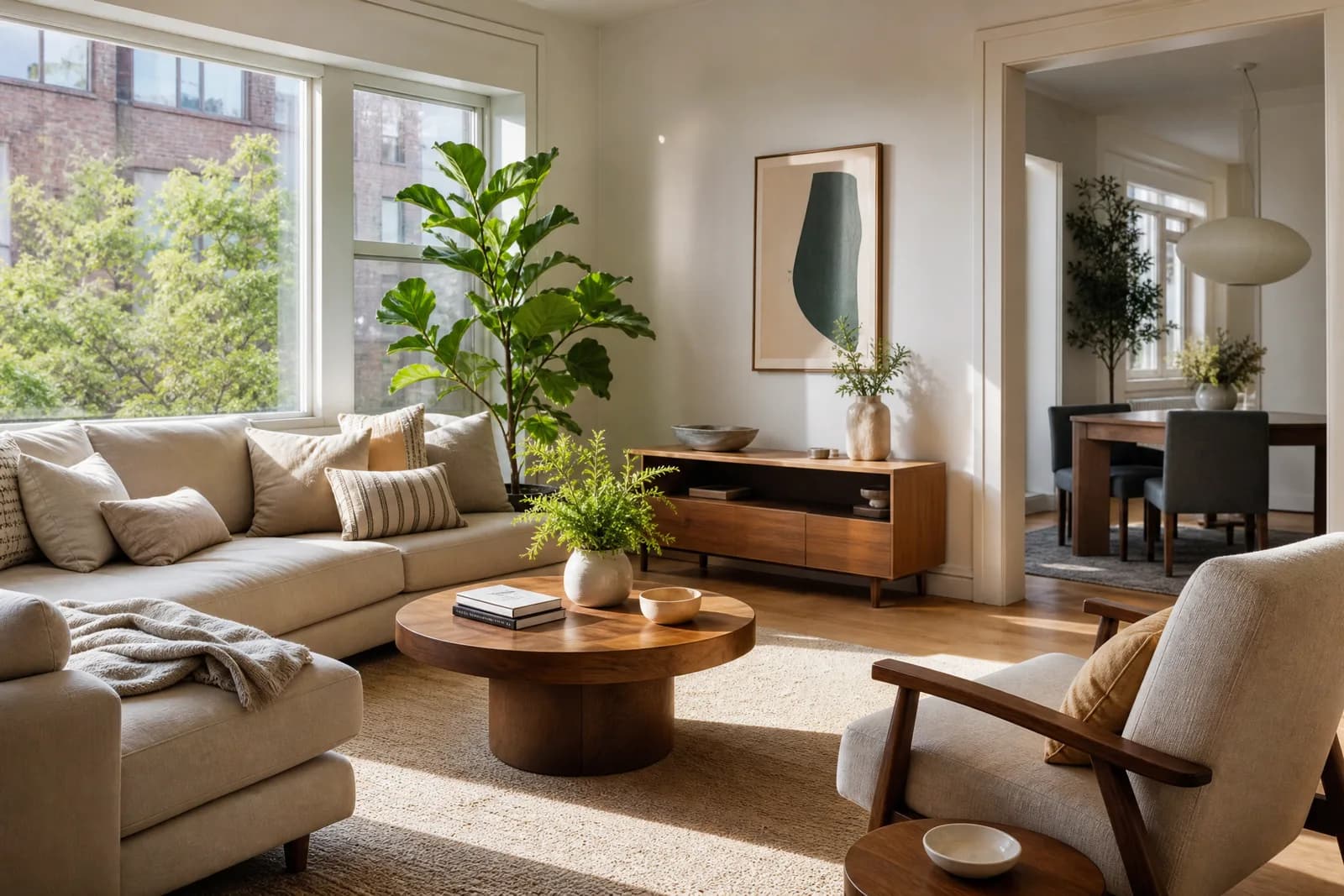 An impeccably maintained living room in a Steadman-managed home, warm morning light