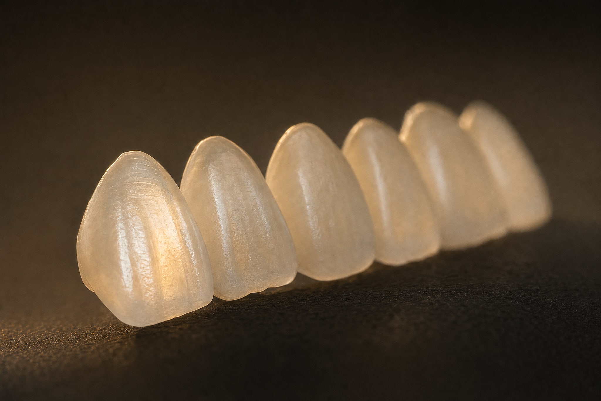 A row of translucent porcelain veneers catching warm light on a dark studio surface