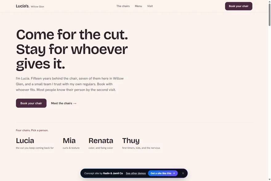 Lucia's Salon — the demo's front page